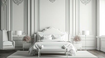 Wall Mural - White luxury bedroom interior, wall mockup, 3d render