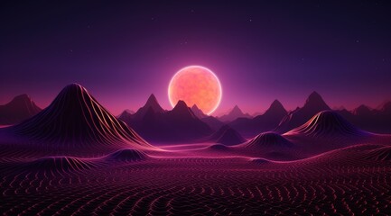 Canvas Print - Futuristic purple neon light landscape background mixed with retro in classic colors.