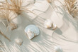 Delicate seashells and seaweed on sandy shores offer a serene snapshot of marine life, AI Generative.