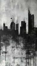City Skyline Background Abstract Horror Anomalous Object Dripping Black Paint Stencil Heat Haze Burned Colorless Silent Agoraphobia Below Dissolving Ink