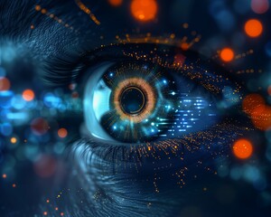 closeup persons eye digital circuit banner artificial intelligence machine screen space watchers center frame three eyed