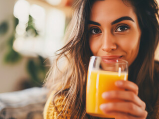 closeup of a beautiful woman drinking orange juice at home