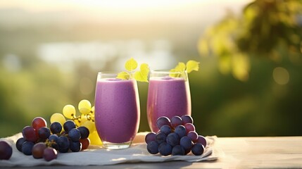 Sticker - Two glasses of delicious grape smoothie on table outdoors in the morning.