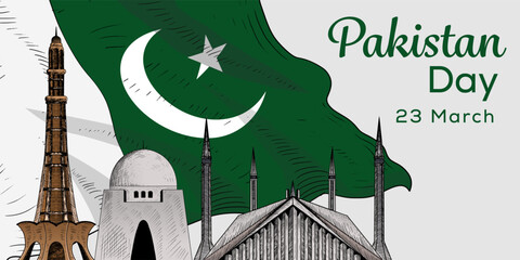 Wall Mural - hand drawn vector Pakistan Day horizontal banner illustration design