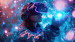 VR glasses. Young woman reaches out while immersed in a dynamic and interactive virtual reality experience, surrounded by glowing lights. Suggesting futuristic technology. Generative AI