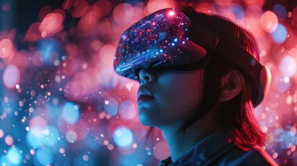 Wall Mural - VR glasses. Woman with virtual reality headset stands illuminated by vibrant neon lights, suggesting futuristic technology. Generative AI