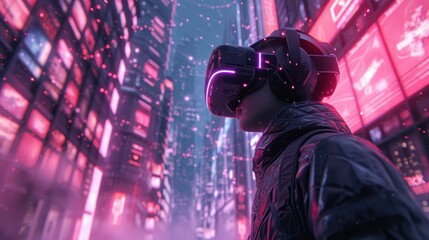 Wall Mural - VR glasses. Man with virtual reality headset stands illuminated by vibrant neon lights, suggesting futuristic technology. Generative AI