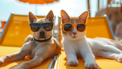Cat and dog wearing sunglasses relaxing on beach chairs.