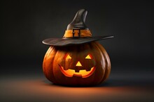 A 3D Rendered Picture Of A Halloween Pumpkin With A Witch Hat. Generative AI