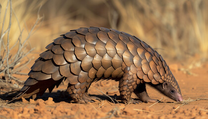 A pangolin with overlapping brown scales carefully forages on the sandy desert floor, its body uniquely adapted for digging and its long tail trailing behind