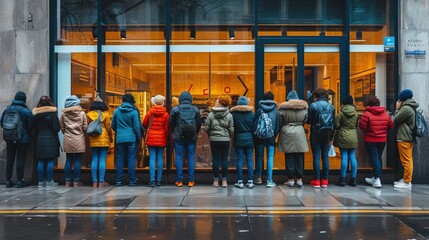 Sticker - People queue up waiting for stores to open for shopping. Sesonal Sale and discounts, best deals, online shopping, shopogolism