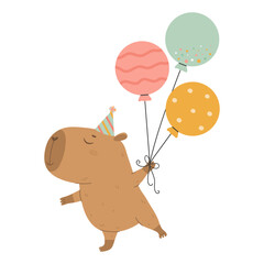 Wall Mural - Funny happy capybara with balloons