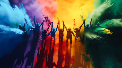 Wall Mural - figures forming a human rainbow with each person drenched in different Holi colors