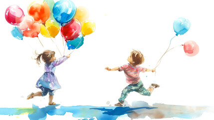 Wall Mural - Joyful watercolor balloon fight between siblings on a simple white background