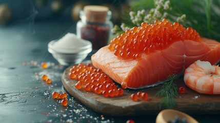 Food rich in astaxanthin with structural chemical formula of astaxanthin. Natural sources of astaxanthin salmon, caviar, trout, shrimps, fish. Astaxanthin is a red pigment, carotenoid and antioxidant