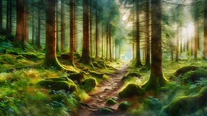 Enchanting wild forest path with watercolor effect