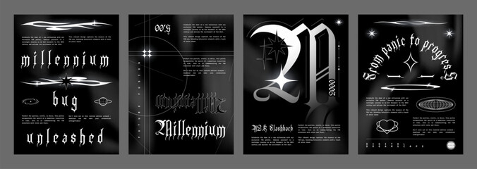Wall Mural - Poster design template in y2k grunge gothic style with grey abstract techno elements and graphic typography on black background. Punk retro futuristic 2000s aesthetic banner or placard layout.