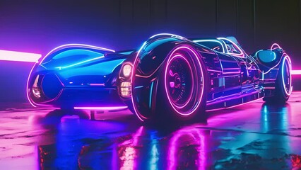 Wall Mural - A chromeplated concept car with vibrant neon light strips running along its sharp edges emanating a bold and modern aesthetic.