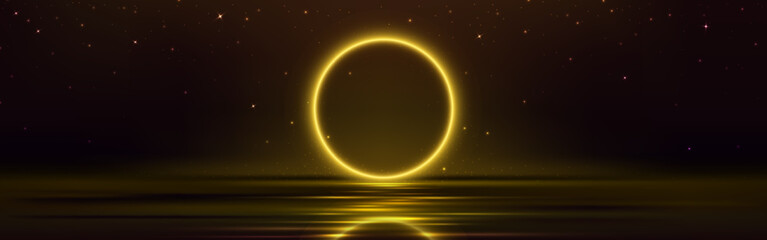 Wall Mural - circle frame with yellow neon light glow under calm water with ripples and reflection. realistic vec