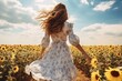 Sunflower field run. beautiful girl in summer dress under blue sky with brown hair