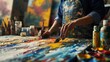 Creative Process in Action: Artist’s Hands Skillfully Mixing Vibrant Paints on Palette in Bright Art Studio