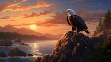 A Regal Bald Eagle Perched On A Rocky Cliff, Gazing Stoically Into The Distance As The Sun Sets On A Coastal Landscape