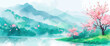 © Alice - Rural spring landscape with a river and green meadows. Vector watercolor illustration.