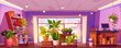 Flower shop interior with green plants in pot and bouquets in basket standing on wooden racks and shelves, table with cashier, large glass door and window. Cartoon vector florist store inside.