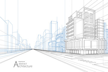 Aufkleber - 3D illustration abstract modern urban building out-line drawing of imagination architecture building construction perspective design. 