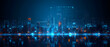 © jex - Illustration of a modern futuristic smart city concept with abstract bright lights against a blue background. Showcases cityscape urban architecture, emphasizing a futuristic technology city concept.