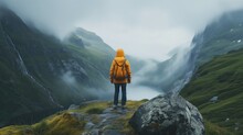 Person With Tourist Backpack And Overcast Rocky Landscape. Generative AI