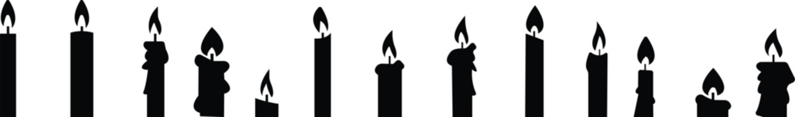 Set candle silhouettes for religion commemorative and party icon. Vector Black flat symbol collection isolated on transparent background. Editable stroke some melted and others solid.