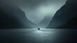  a boat in a body of water with mountains in the background and a foggy sky with a boat on the water in the middle of the water, and a boat in the middle of the water.