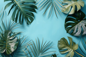 Wall Mural - Top view tropical tree leaves on pastel blue  background, Flat lay Minimal fashion summer holiday vacation concept