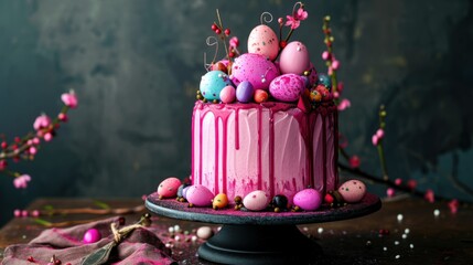 Wall Mural -  a close up of a cake with pink icing and decorated eggs on a cake stand with pink flowers and sprinkles on the side of the cake.