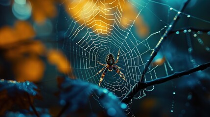 Wall Mural - a spider sits on its web in the middle of a leafy area of a tree in front of a blurry background of 