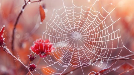 Wall Mural - a close up of a spider web on a tree branch with red berries in the foreground and a blurry backgrou