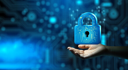 Wall Mural - businessman hand holding padlock with keyhole. cyber data and information privacy. future technology
