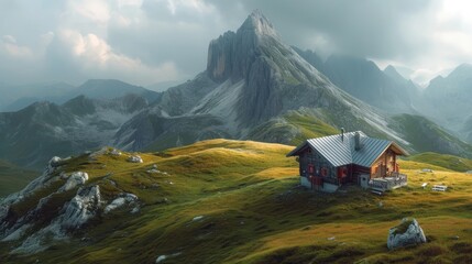 Wall Mural -  a small cabin on a grassy hill with a mountain in the backgrouch in the foreground and a cloudy sky in the backgrouch, with a few clouds in the foreground.