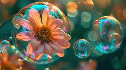 Wall Mural -  a close up of bubbles and a flower with a blurry image of a flower in the middle of the bubbles and a blurry image of a flower in the background.