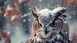  a close up of an owl with a lot of snow on it's head and a blurry background of leaves and branches in the foreground, with snow on the foreground.
