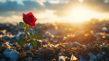 Rose Flower Plant Grows On Top Of Piles Of Rubbish Illuminated By Natural Light As Symbol Of Hope