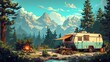 © The Art Company - Great Outdoors Camping Illustration, Mountain Landscape Art, Camping Life Hiking Adventure Concept, Travel Tourism Artwork Backdrop
