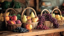  A Row Of Baskets Filled With Fruit On Top Of A Wooden Table Next To A Pile Of Grapes, Peaches, Pears, And Other Types Of Fruit.