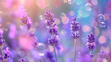  A Close Up Of A Bunch Of Flowers With Bubbles In The Air On A Blurry Background Of Blue, Pink, Purple And White Flowers With Bubbles In The Foreground.