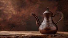  A Brown Teapot Sitting On Top Of A Wooden Table Next To A Brown Wall And A Wooden Table With A Piece Of Wood In Front Of Wood On It.