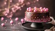  a chocolate cake with pink frosting and sprinkles on a black cake stand with pink and gold sprinkles on the top of the cake.