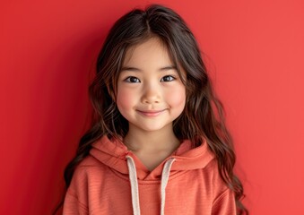 Wall Mural - little Asian girl with colorful sweatshirt in professional colorful photo studio background