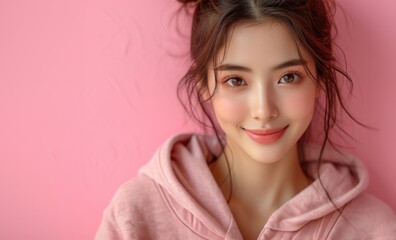 Poster - Young beauty Asian girl model with colorful sweatshirt in professional colorful photo studio background