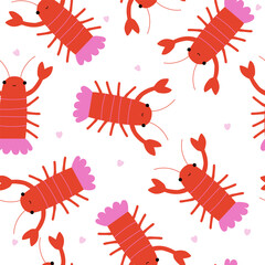 Wall Mural - Cute seamless pattern with crayfish and hearts. Happy Valentine's Day print. Vector hand drawn illustration.